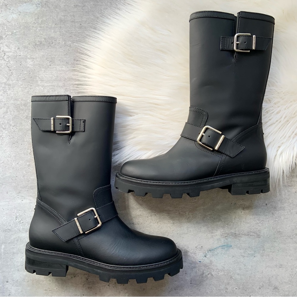 🔥 NEW Jimmy Choo Biker II Black Smooth Leather Biker Boots Women’s 8 EU 38